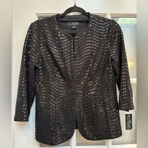 Vintage Alex Evenings Black Formal Zip Front Sequin Jacket Size Small S NWT
